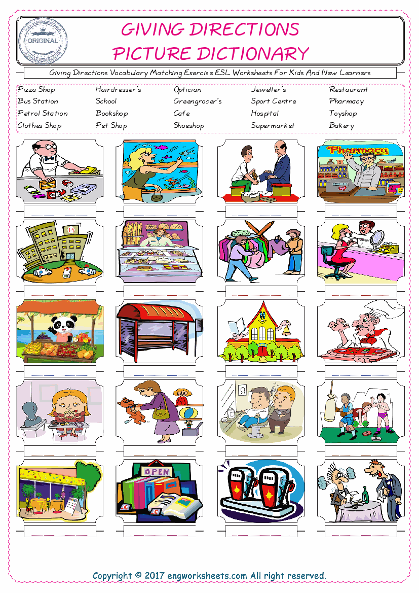  Giving Directions for Kids ESL Word Matching English Exercise Worksheet. 